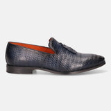 A blue Men's bugatti Tassel Loafers featuring a round toe plain toe, stacked heel. Made from premium genuine leather with a durable high quality synthetic outsole, this slip-on design offers both style and comfort.