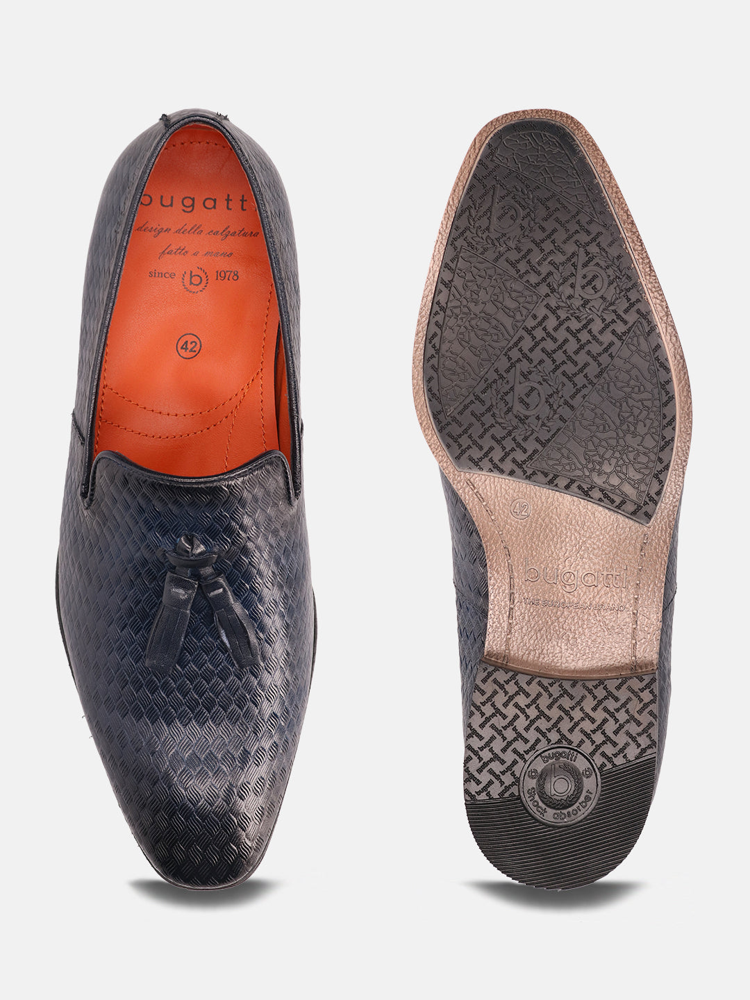 A blue Men's bugatti Tassel Loafers featuring a round toe plain toe, stacked heel. Made from premium genuine leather with a durable high quality synthetic outsole, this slip-on design offers both style and comfort.