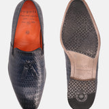 A blue Men's bugatti Tassel Loafers featuring a round toe plain toe, stacked heel. Made from premium genuine leather with a durable high quality synthetic outsole, this slip-on design offers both style and comfort.