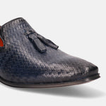 A blue Men's bugatti Tassel Loafers featuring a round toe plain toe, stacked heel. Made from premium genuine leather with a durable high quality synthetic outsole, this slip-on design offers both style and comfort.