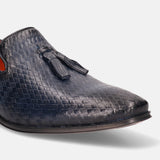 A blue Men's bugatti Tassel Loafers featuring a round toe plain toe, stacked heel. Made from premium genuine leather with a durable high quality synthetic outsole, this slip-on design offers both style and comfort.