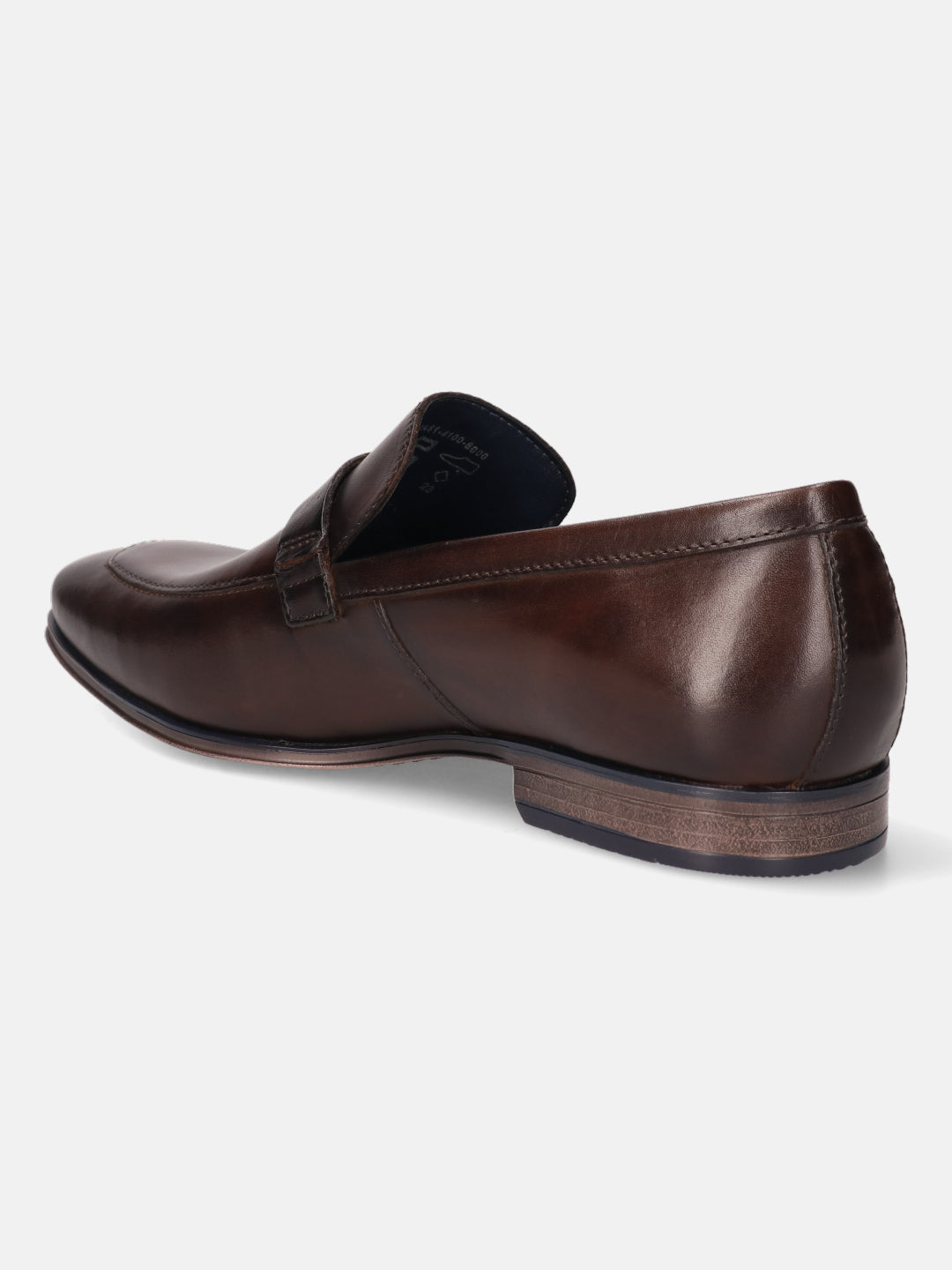 A brown Men's bugatti Bit Loafer featuring a round toe apron toe, stacked heel. Made from premium genuine leather with a durable high quality synthetic outsole, this slip-on design offers both style and comfort.
