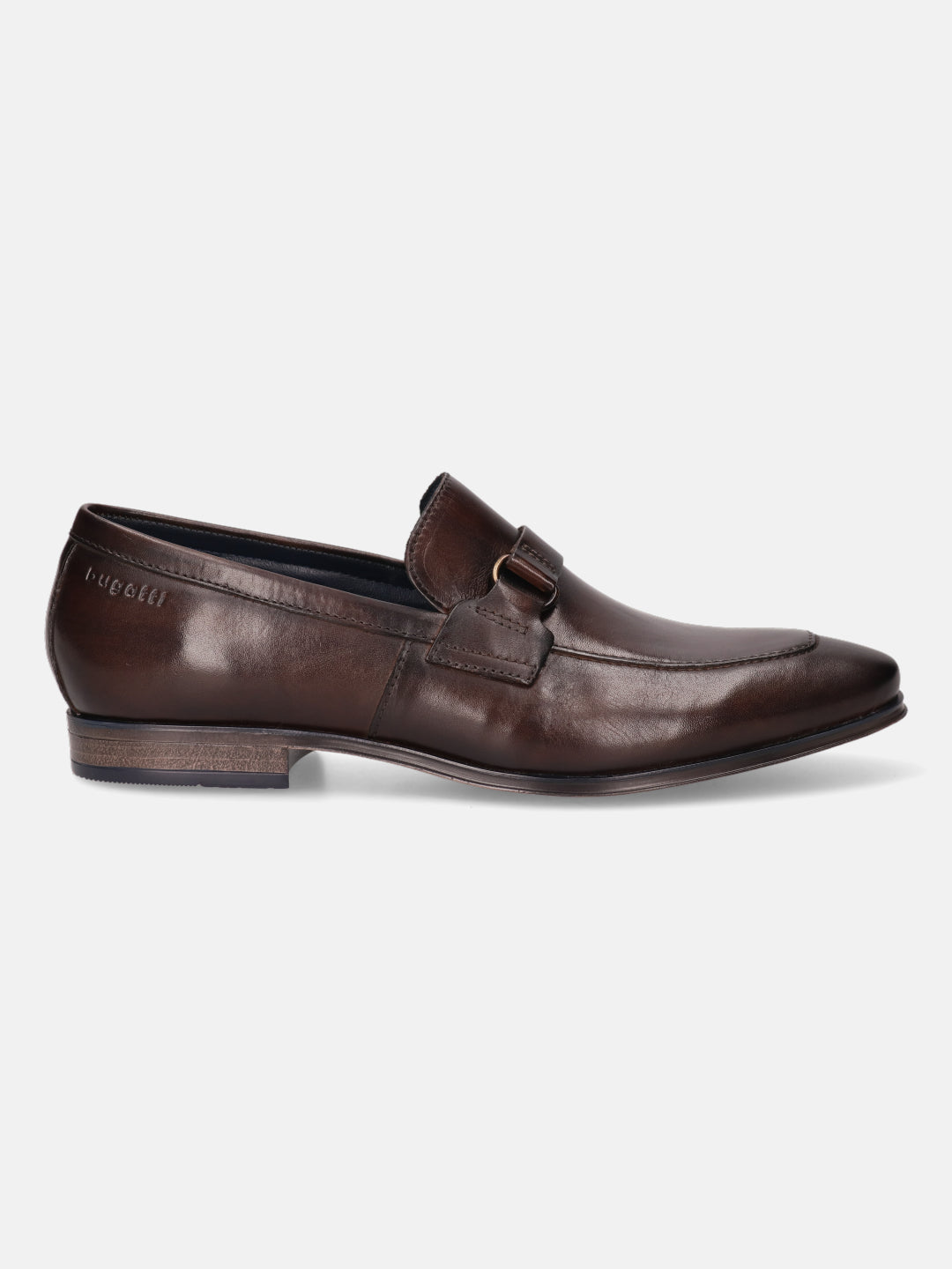 A brown Men's bugatti Bit Loafer featuring a round toe apron toe, stacked heel. Made from premium genuine leather with a durable high quality synthetic outsole, this slip-on design offers both style and comfort.