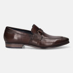 A brown Men's bugatti Bit Loafer featuring a round toe apron toe, stacked heel. Made from premium genuine leather with a durable high quality synthetic outsole, this slip-on design offers both style and comfort.