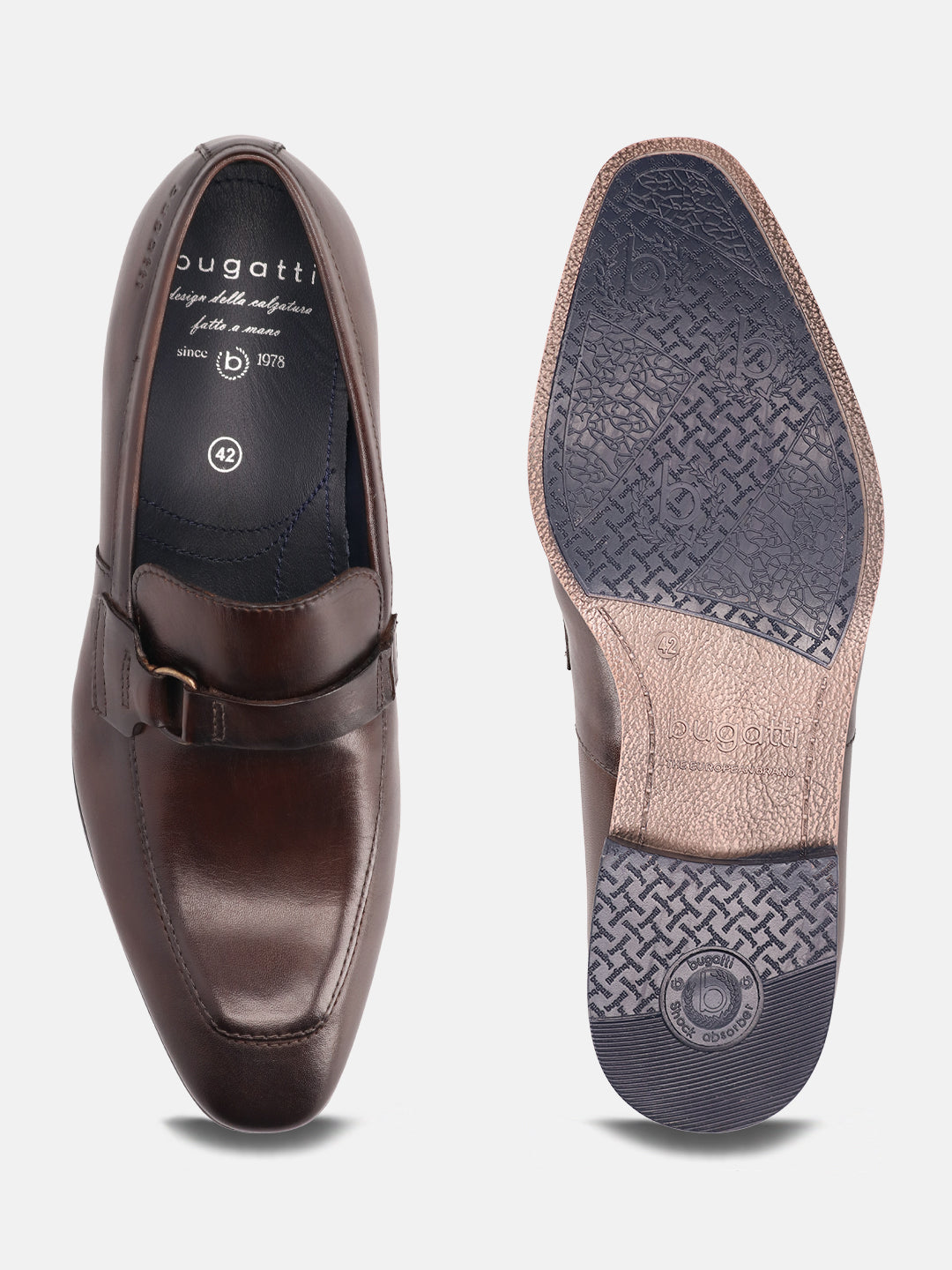 A brown Men's bugatti Bit Loafer featuring a round toe apron toe, stacked heel. Made from premium genuine leather with a durable high quality synthetic outsole, this slip-on design offers both style and comfort.