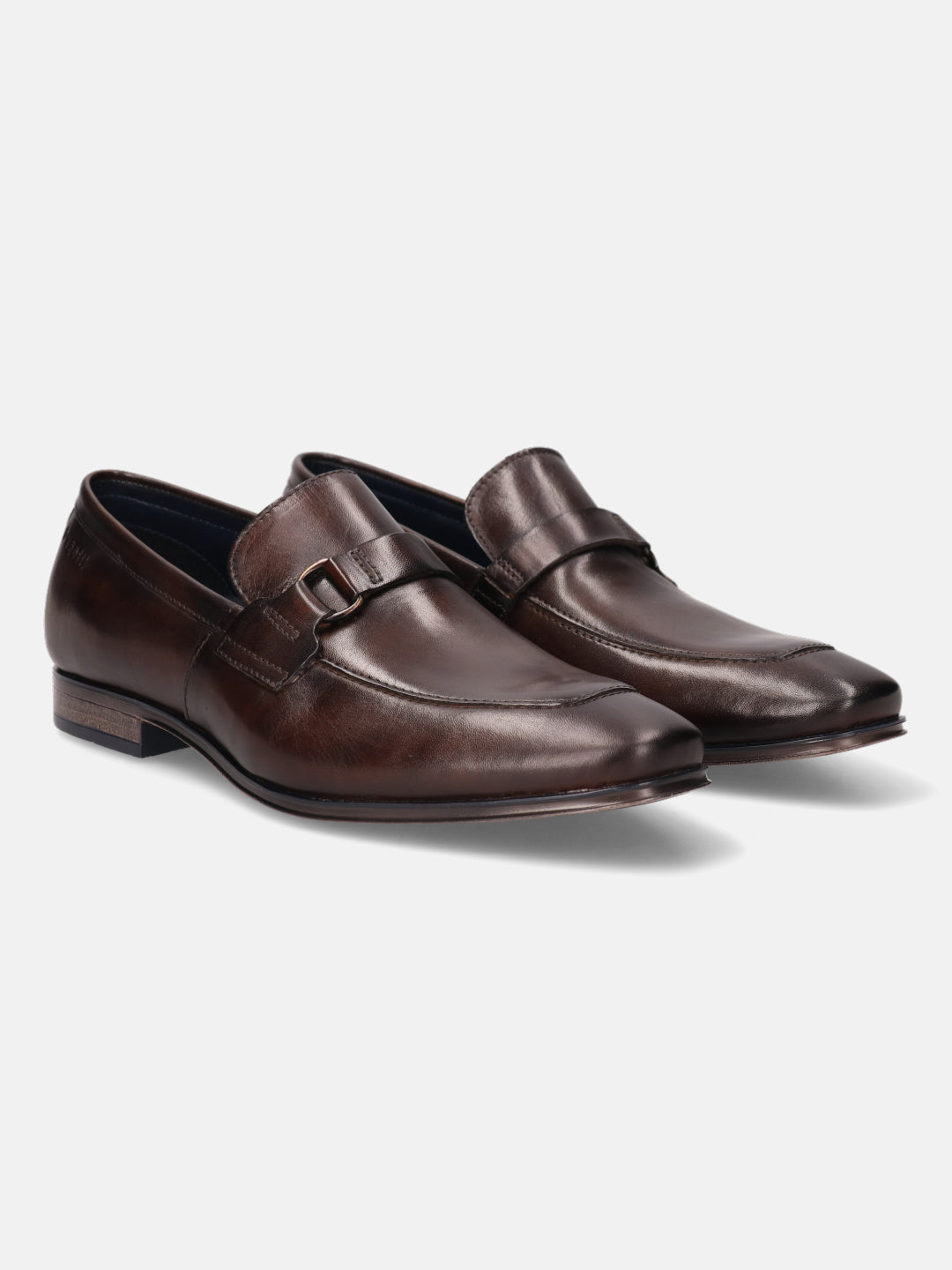 A brown Men's bugatti Bit Loafer featuring a round toe apron toe, stacked heel. Made from premium genuine leather with a durable high quality synthetic outsole, this slip-on design offers both style and comfort.