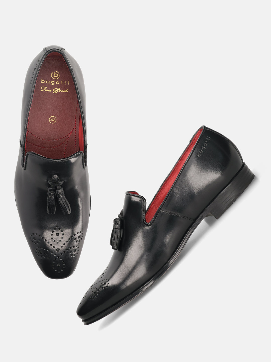 A black Men's bugatti Tassel Loafers featuring a round toe plain toe, moulded  heel. Made from premium genuine leather with a durable high quality synthetic outsole, this slip-on design offers both style and comfort.