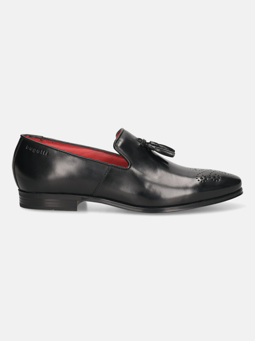 A black Men's bugatti Tassel Loafers featuring a round toe plain toe, moulded  heel. Made from premium genuine leather with a durable high quality synthetic outsole, this slip-on design offers both style and comfort.