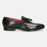 A black Men's bugatti Tassel Loafers featuring a round toe plain toe, moulded  heel. Made from premium genuine leather with a durable high quality synthetic outsole, this slip-on design offers both style and comfort.