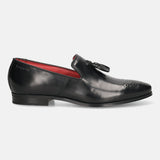 A black Men's bugatti Tassel Loafers featuring a round toe plain toe, moulded  heel. Made from premium genuine leather with a durable high quality synthetic outsole, this slip-on design offers both style and comfort.