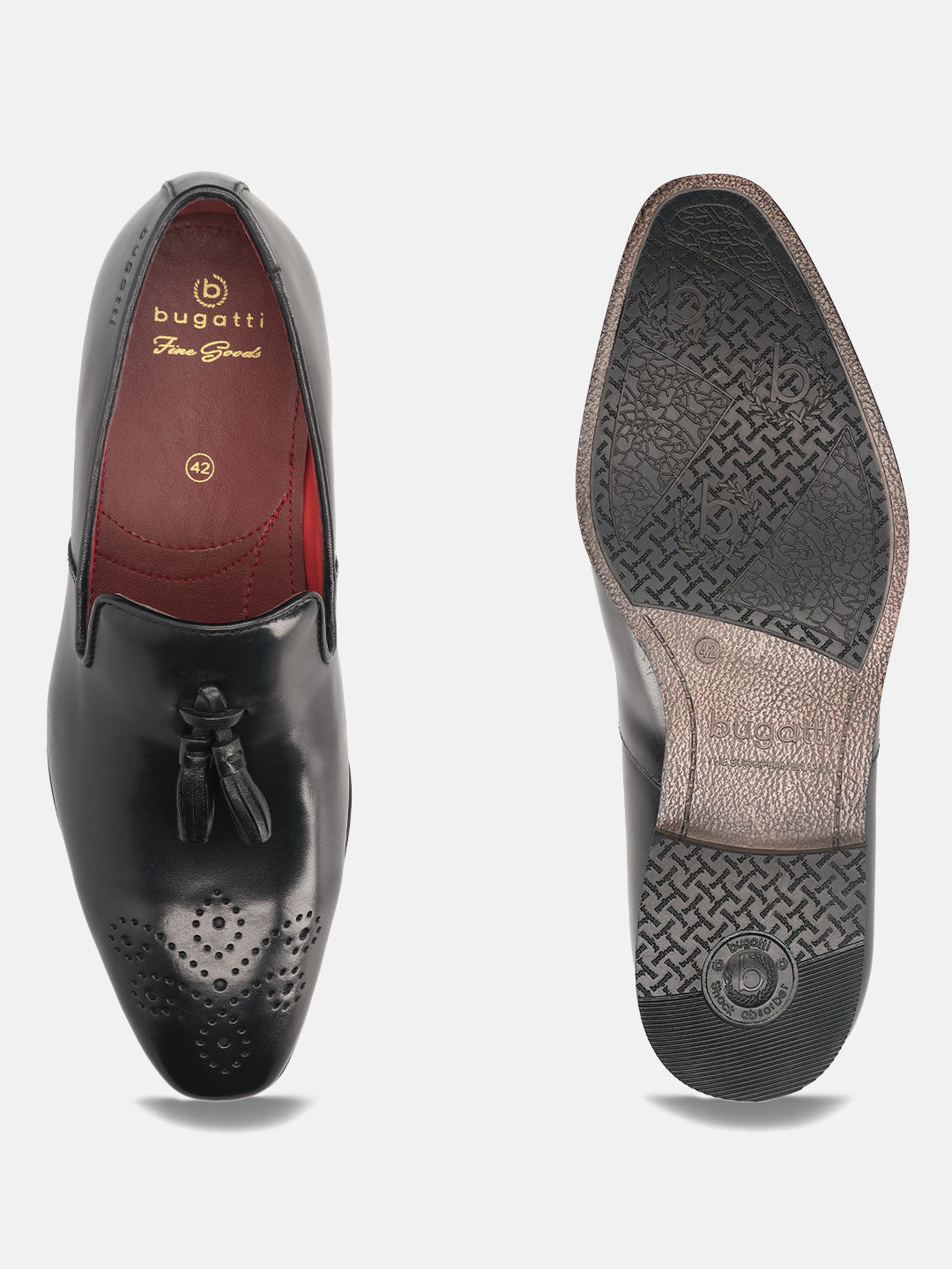 A black Men's bugatti Tassel Loafers featuring a round toe plain toe, moulded  heel. Made from premium genuine leather with a durable high quality synthetic outsole, this slip-on design offers both style and comfort.