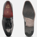 A black Men's bugatti Tassel Loafers featuring a round toe plain toe, moulded  heel. Made from premium genuine leather with a durable high quality synthetic outsole, this slip-on design offers both style and comfort.