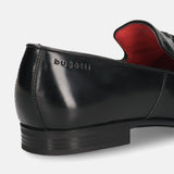 A black Men's bugatti Tassel Loafers featuring a round toe plain toe, moulded  heel. Made from premium genuine leather with a durable high quality synthetic outsole, this slip-on design offers both style and comfort.