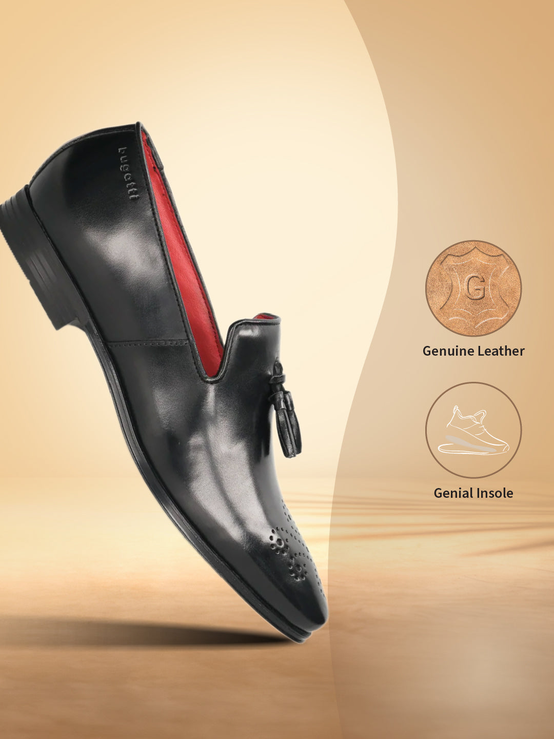 A black Men's bugatti Tassel Loafers featuring a round toe plain toe, moulded  heel. Made from premium genuine leather with a durable high quality synthetic outsole, this slip-on design offers both style and comfort.