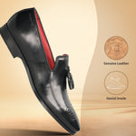 A black Men's bugatti Tassel Loafers featuring a round toe plain toe, moulded  heel. Made from premium genuine leather with a durable high quality synthetic outsole, this slip-on design offers both style and comfort.