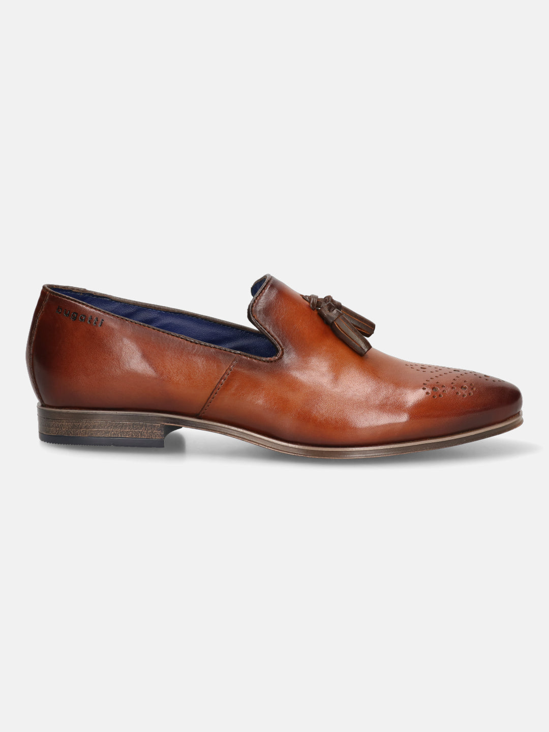 A cognac Men's bugatti Tassel Loafers featuring a round toe plain toe, moulded  heel. Made from premium genuine leather with a durable high quality synthetic outsole, this slip-on design offers both style and comfort.