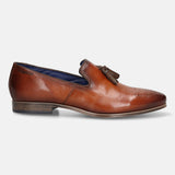 A cognac Men's bugatti Tassel Loafers featuring a round toe plain toe, moulded  heel. Made from premium genuine leather with a durable high quality synthetic outsole, this slip-on design offers both style and comfort.