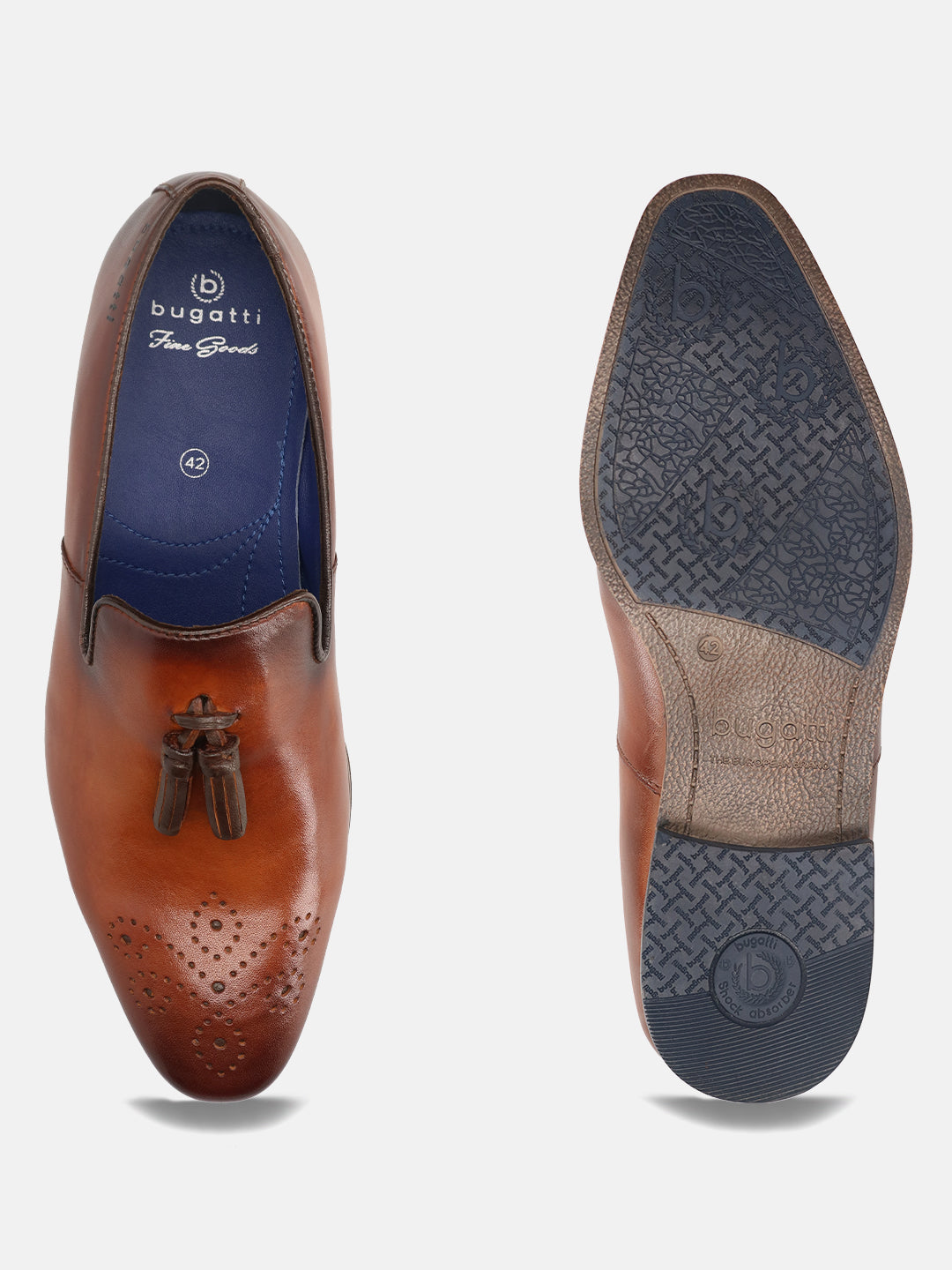 A cognac Men's bugatti Tassel Loafers featuring a round toe plain toe, moulded  heel. Made from premium genuine leather with a durable high quality synthetic outsole, this slip-on design offers both style and comfort.