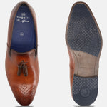 A cognac Men's bugatti Tassel Loafers featuring a round toe plain toe, moulded  heel. Made from premium genuine leather with a durable high quality synthetic outsole, this slip-on design offers both style and comfort.