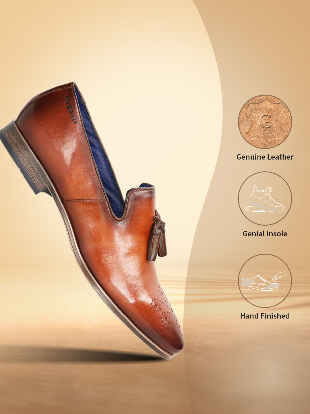 A cognac Men's bugatti Tassel Loafers featuring a round toe plain toe, moulded  heel. Made from premium genuine leather with a durable high quality synthetic outsole, this slip-on design offers both style and comfort.