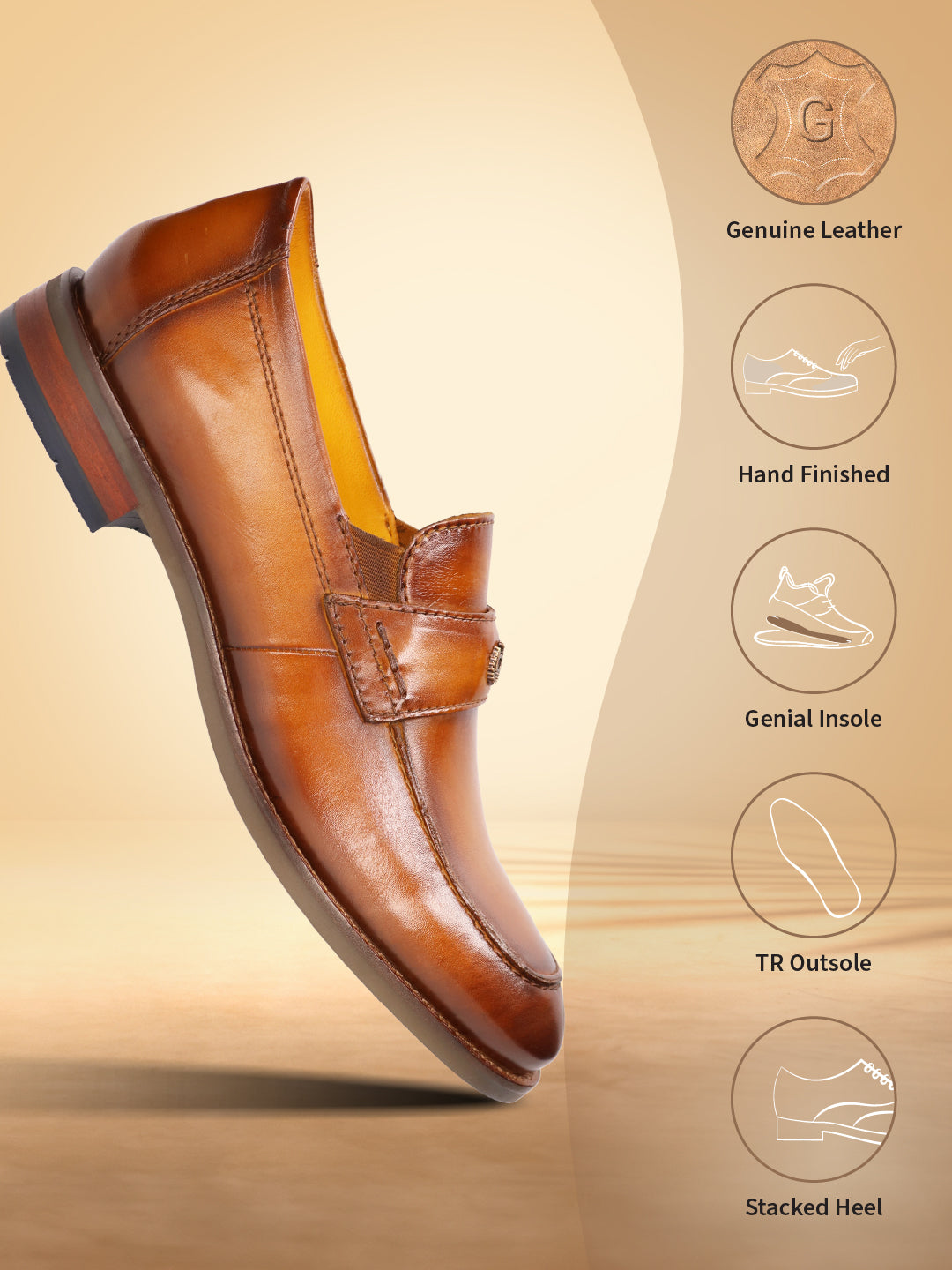 Brown leather penny loafer by bugatti, displayed at an angle, with visible stitching and layered heel.