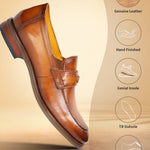 Brown leather penny loafer by bugatti, displayed at an angle, with visible stitching and layered heel.