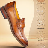 Brown leather penny loafer by bugatti, displayed at an angle, with visible stitching and layered heel.