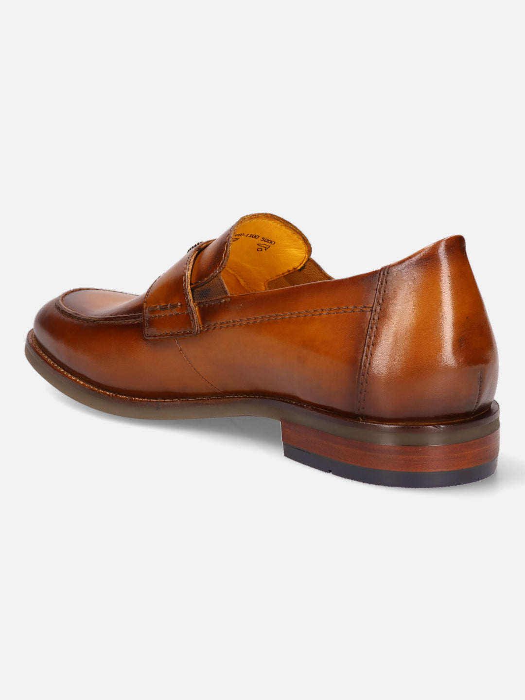 Brown leather penny loafer by bugatti, seen from the back at a slight angle, with a stacked heel.