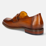 Brown leather penny loafer by bugatti, seen from the back at a slight angle, with a stacked heel.