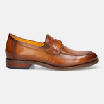 Tan leather penny loafer by bugatti, featuring a slip-on style with a rounded toe and a stacked heel.