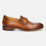 Tan leather penny loafer by bugatti, featuring a slip-on style with a rounded toe and a stacked heel.