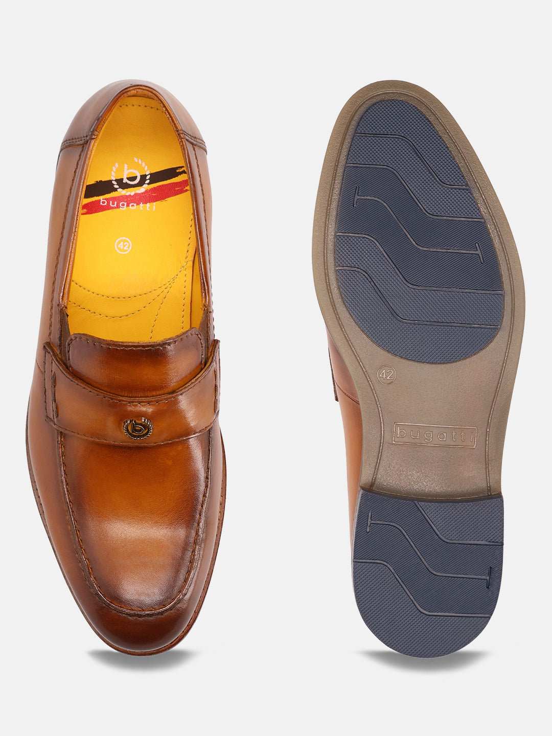Tan leather loafer by bugatti, featuring a yellow inner lining and grooved blue sole.