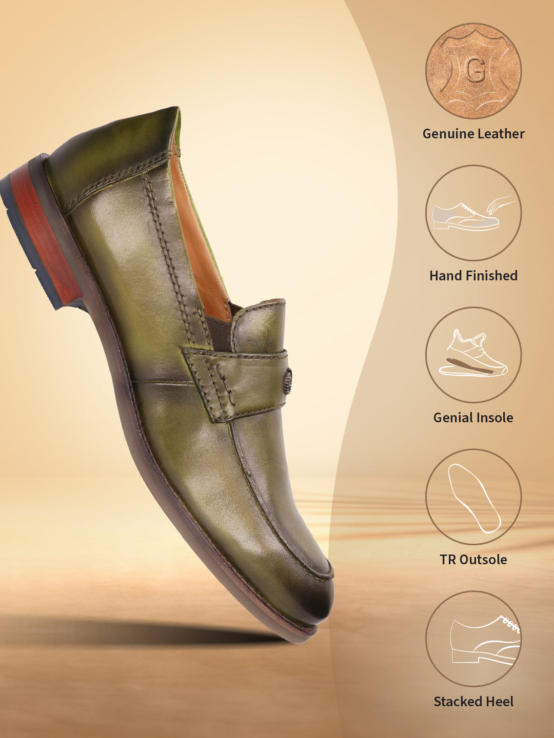 Green leather penny loafers by bugatti, with stacked heel and durable outsole.