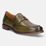 Green leather penny loafers by bugatti, featuring a smooth upper and comfortable design.