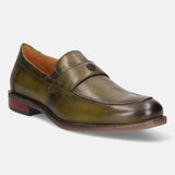 Green leather penny loafers by bugatti, featuring a smooth upper and comfortable design.