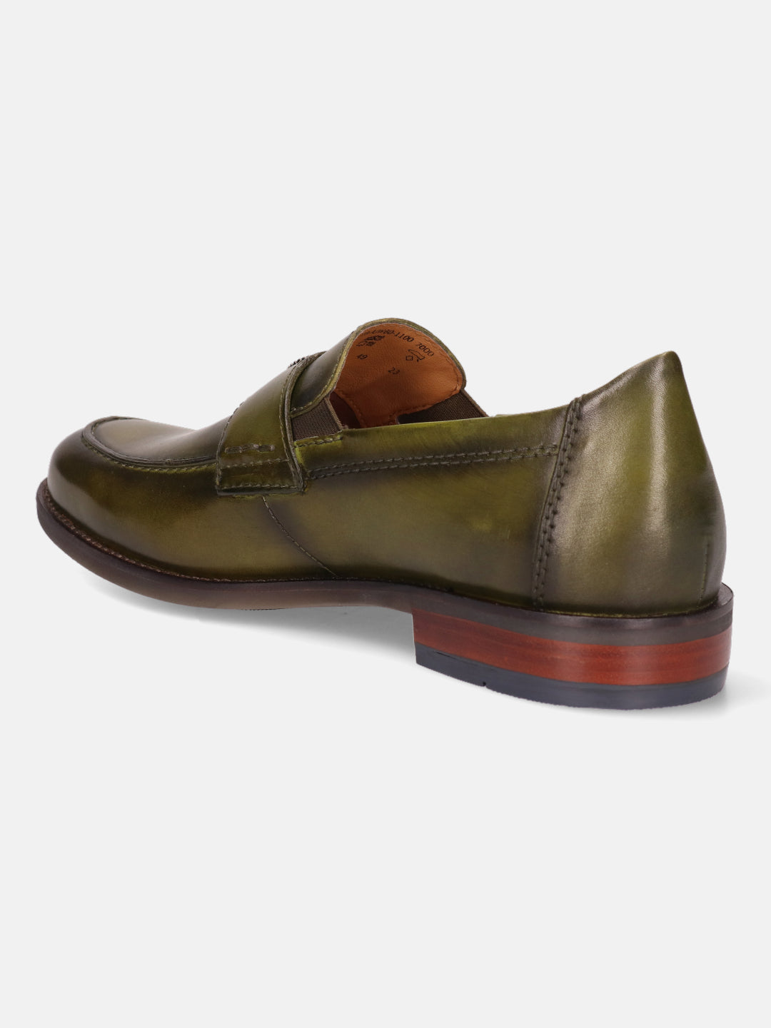 Green leather penny loafer by bugatti, with a dark brown sole and subtle stitching detail.