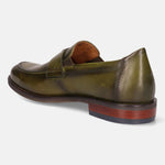 Green leather penny loafer by bugatti, with a dark brown sole and subtle stitching detail.