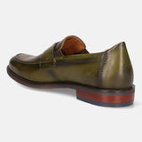 Green leather penny loafer by bugatti, with a dark brown sole and subtle stitching detail.