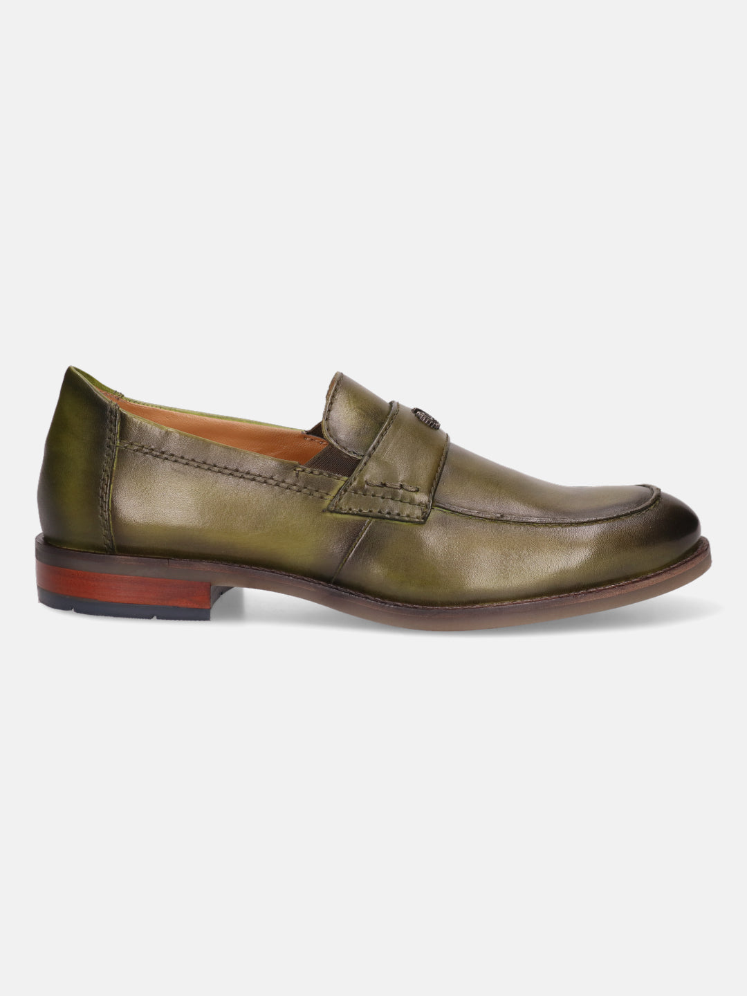 Green leather penny loafer by bugatti with tonal stitching and stacked heel, shown in a side view.
