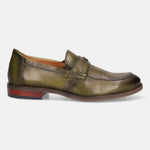 Green leather penny loafer by bugatti with tonal stitching and stacked heel, shown in a side view.
