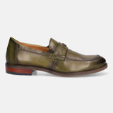 Green leather penny loafer by bugatti with tonal stitching and stacked heel, shown in a side view.
