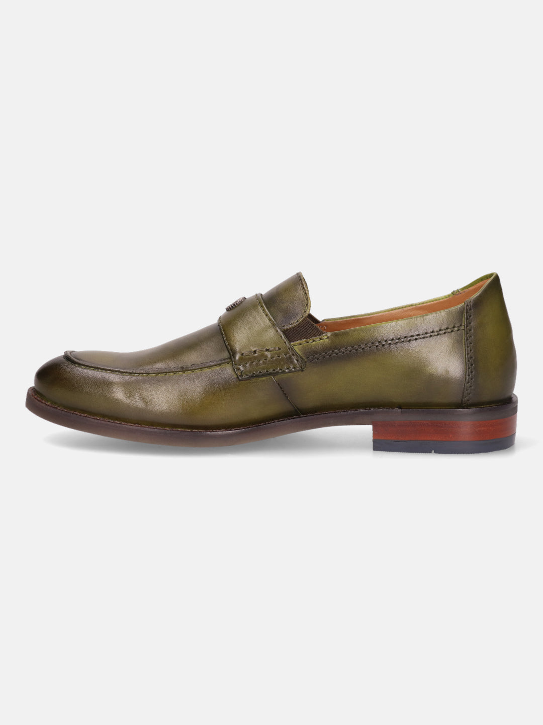 Green leather penny loafer by bugatti, featuring a visible brown leather outsole.