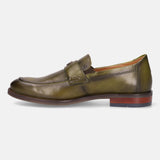 Green leather penny loafer by bugatti, featuring a visible brown leather outsole.