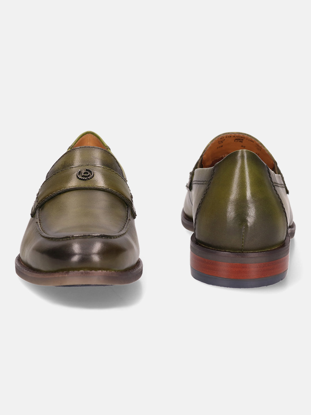 Green premium leather penny loafers by bugatti with a shiny finish and a stacked heel.