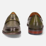 Green premium leather penny loafers by bugatti with a shiny finish and a stacked heel.