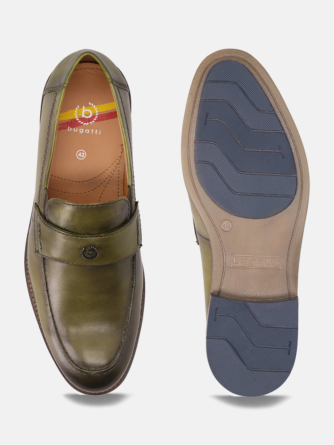 Green leather penny loafers by Bugatti, displayed with a top view of one shoe and a sole view of the other.
