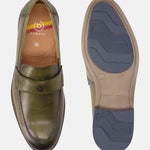 Green leather penny loafers by Bugatti, displayed with a top view of one shoe and a sole view of the other.
