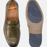 Green leather penny loafers by Bugatti, displayed with a top view of one shoe and a sole view of the other.
