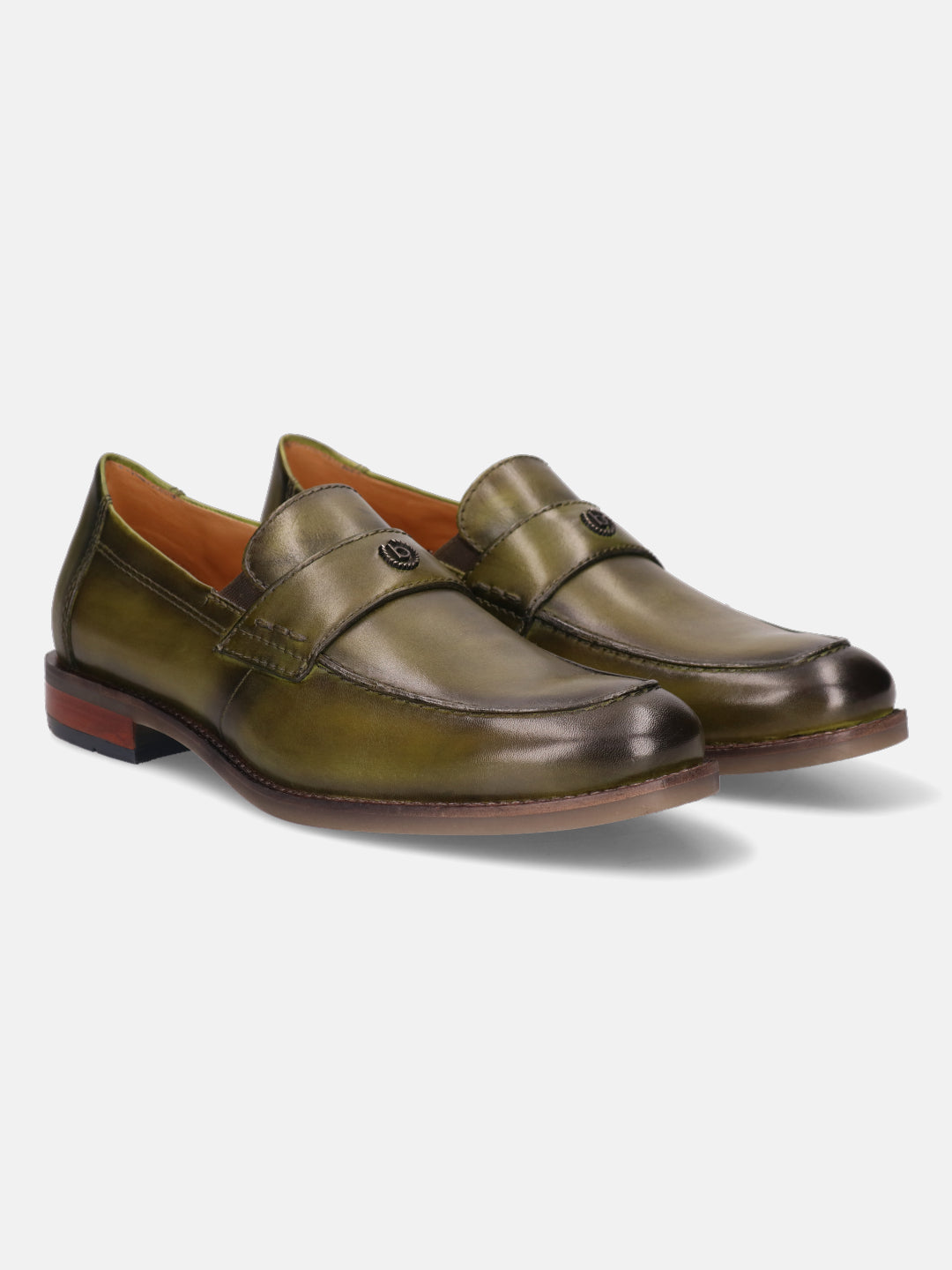 Green leather penny loafers by bugatti, showing top stitching, logo detail on the strap, and a wood-look heel.

