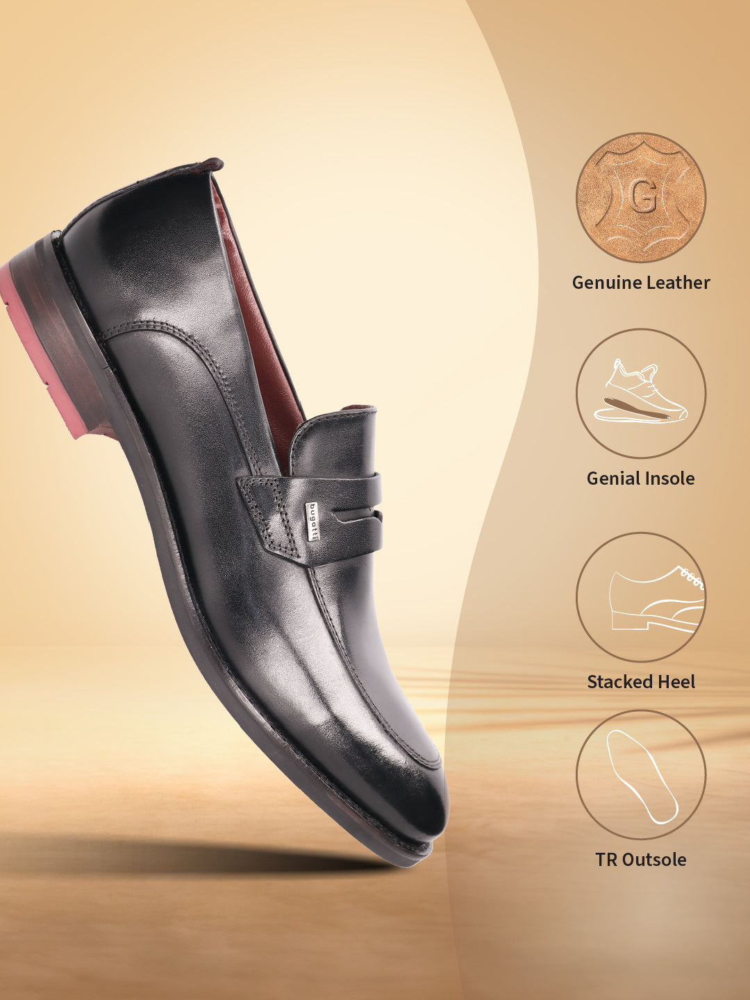 A black Men's bugatti Penny Loafer featuring a round apron toe, moulded  heel. Made from premium genuine leather with a durable tr outsole, this slip-on design offers both style and comfort.